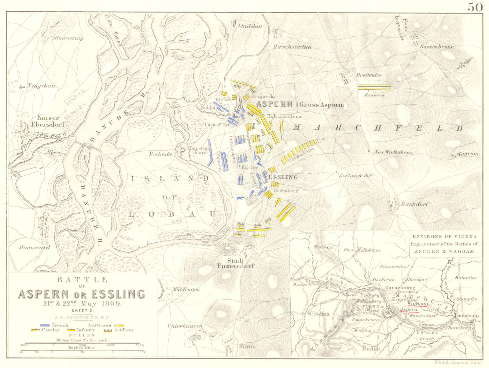 BATTLE OF ASPERN OR ESSLING. 21- 22nd May 1809 - sheet 2. Austria 1848 old map